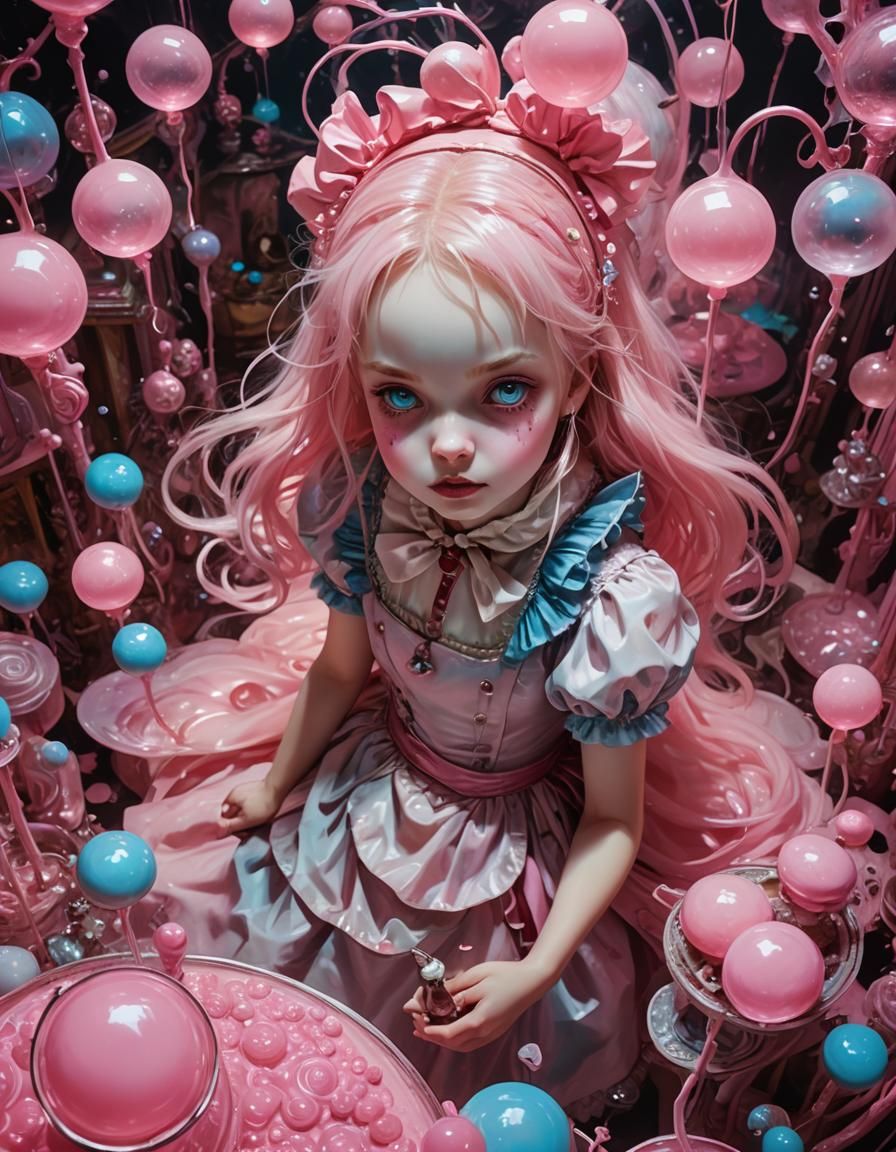 aerial view of cute alice from alice in wonderland inside a bioluminescent pink glow ethereal magical candy shop, creepy...