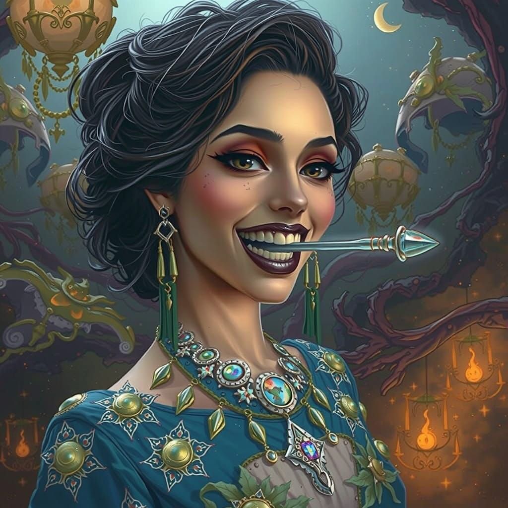 Mystical Woman Biting Rusty Bolt in Dreamlike Landscape