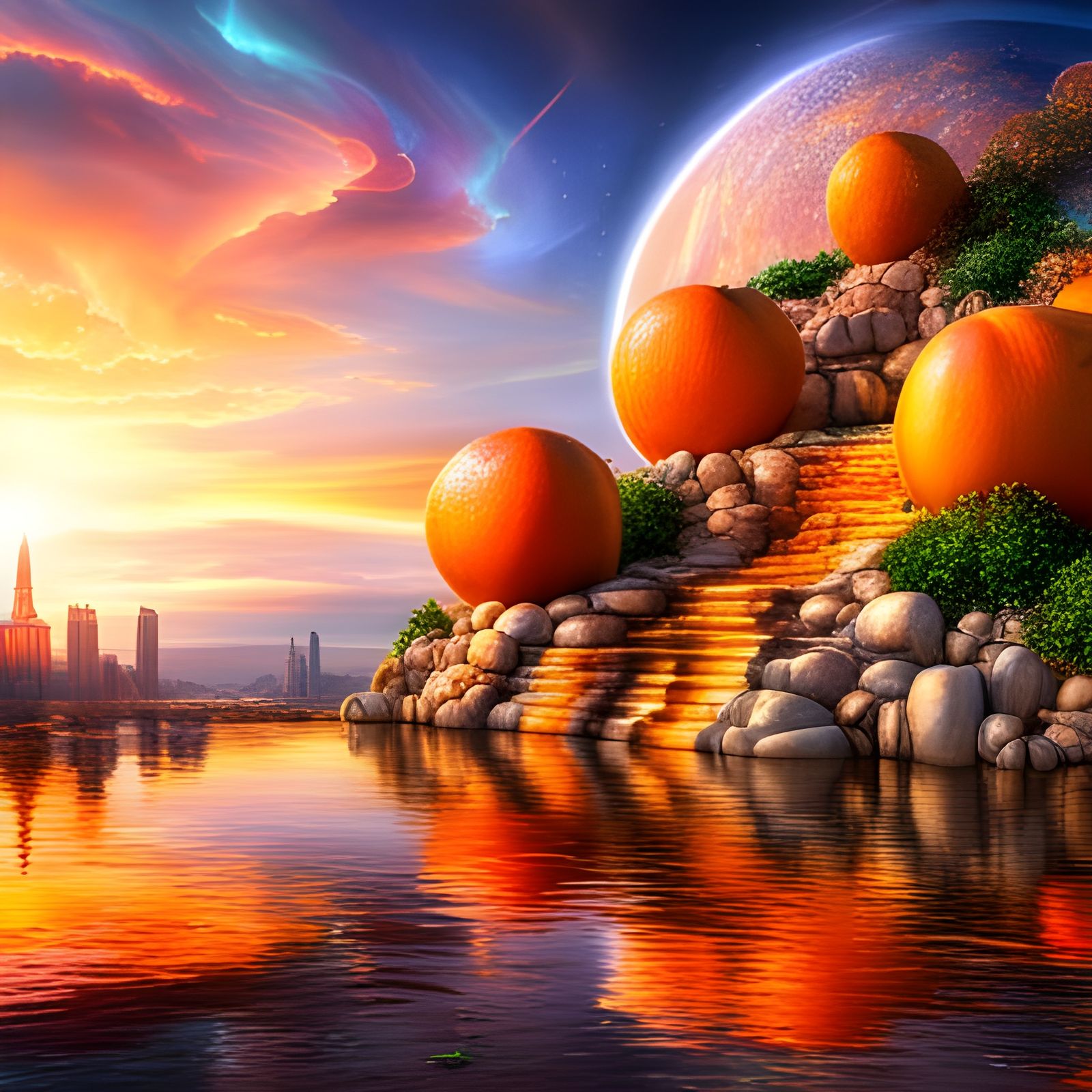 giant oranges on a staircase