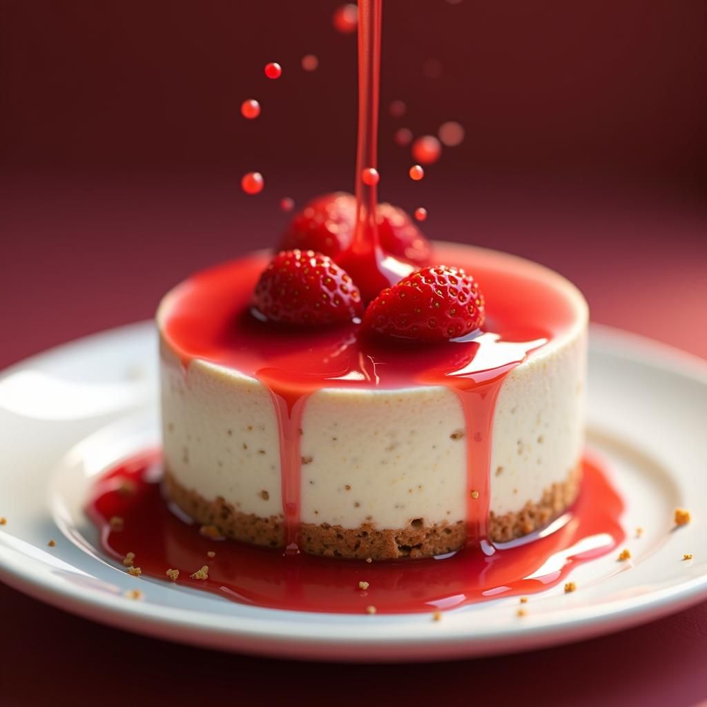 Hyperrealistic Cheesecake with Cascading Strawberry Syrup