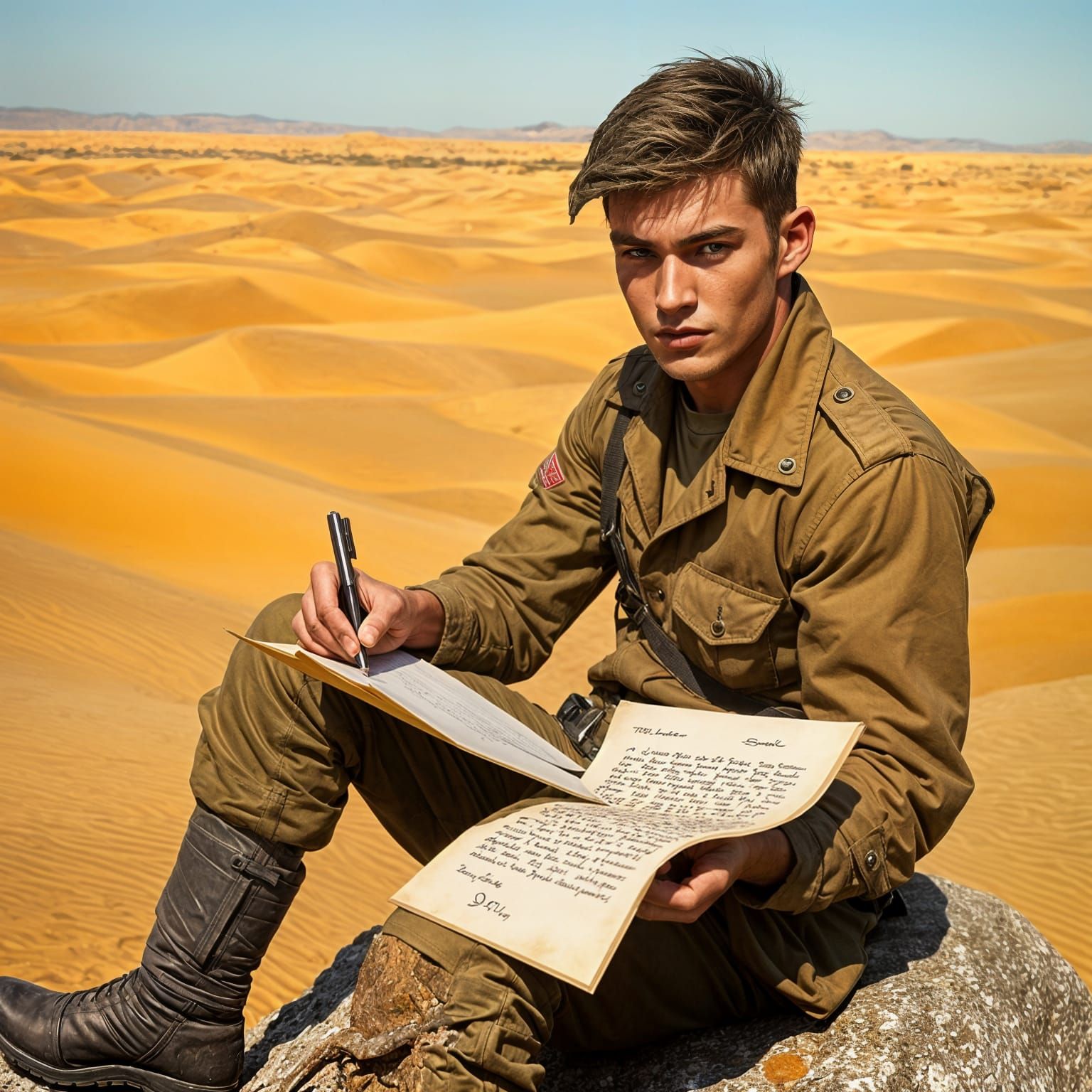 Young Soldier Writes in Desert Landscape