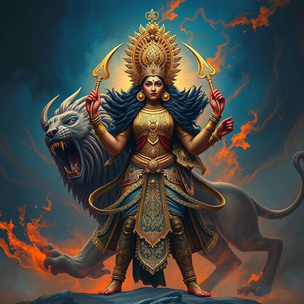 Durga Confronts Demon in Fantasy Concept Art