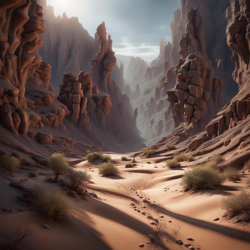 Surreal Desert Canyon Landscape, Photorealistic Digital Art