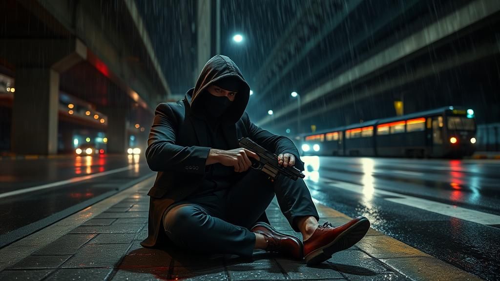 Wounded Man in Mafia Suit at Night: Cinematic Still