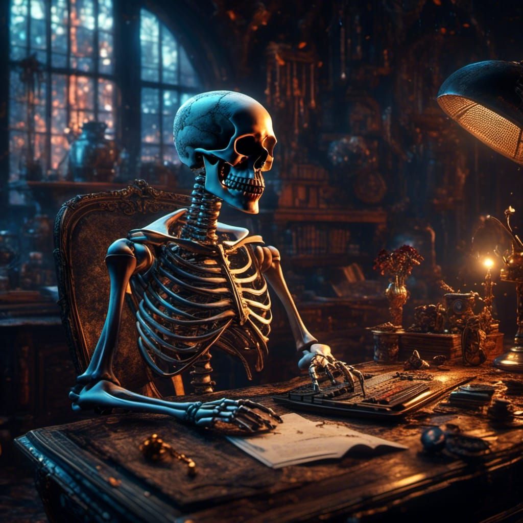 Skeleton at Computer in Cluttered Room