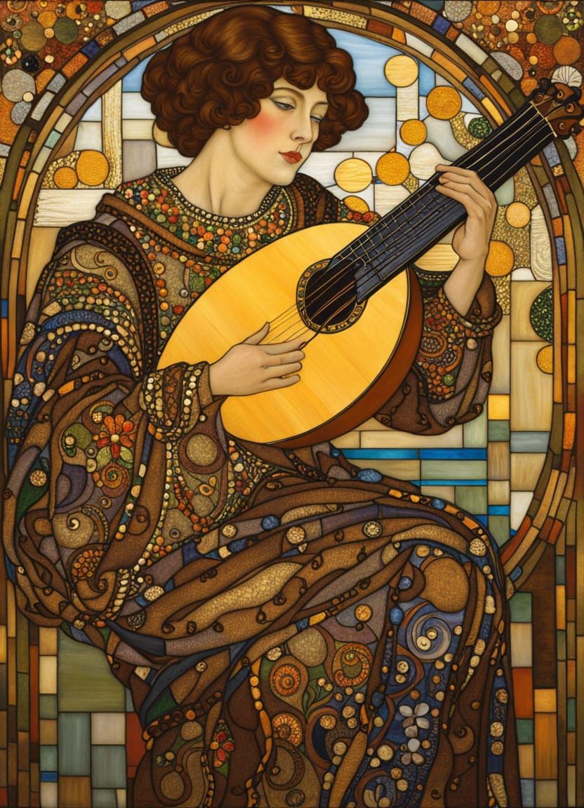Minstrel Playing Lute in Art Deco Style