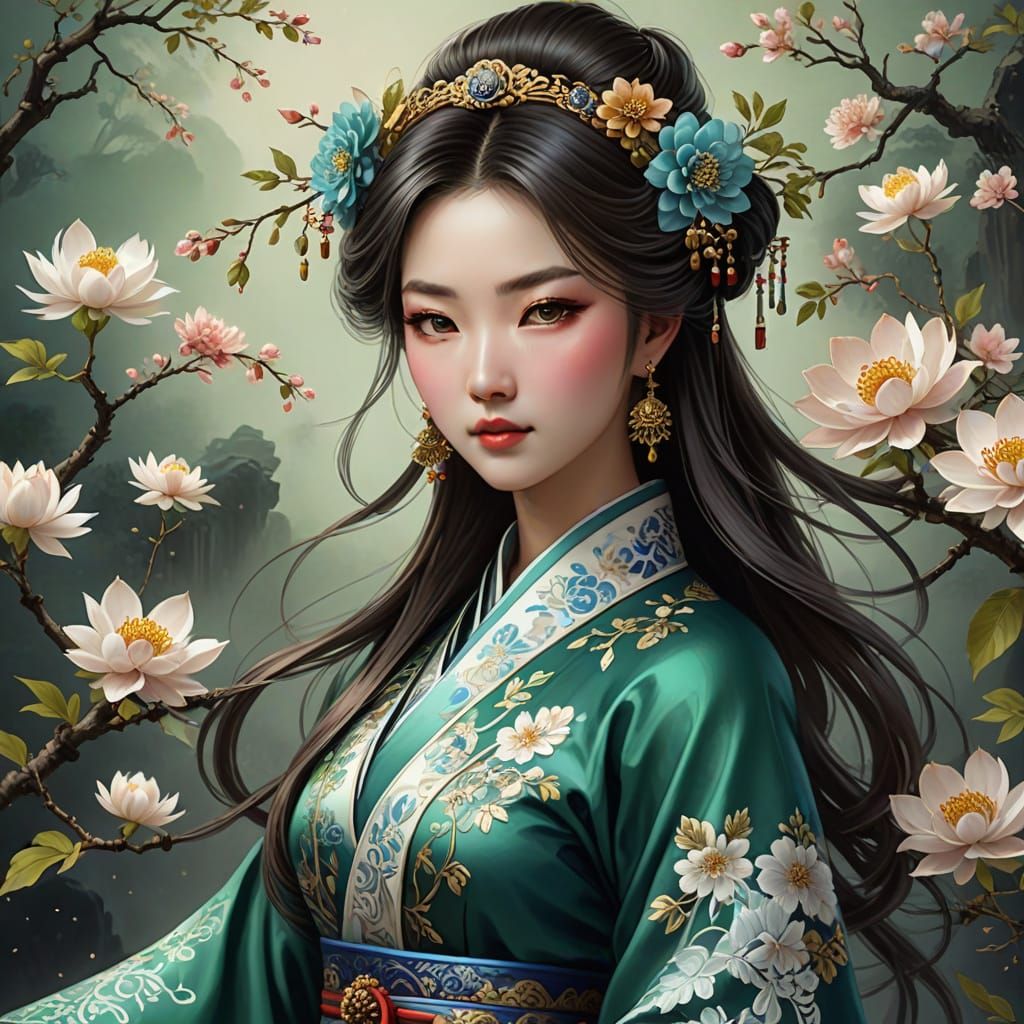 Baroque Anime Portrait in Traditional Chinese Attire