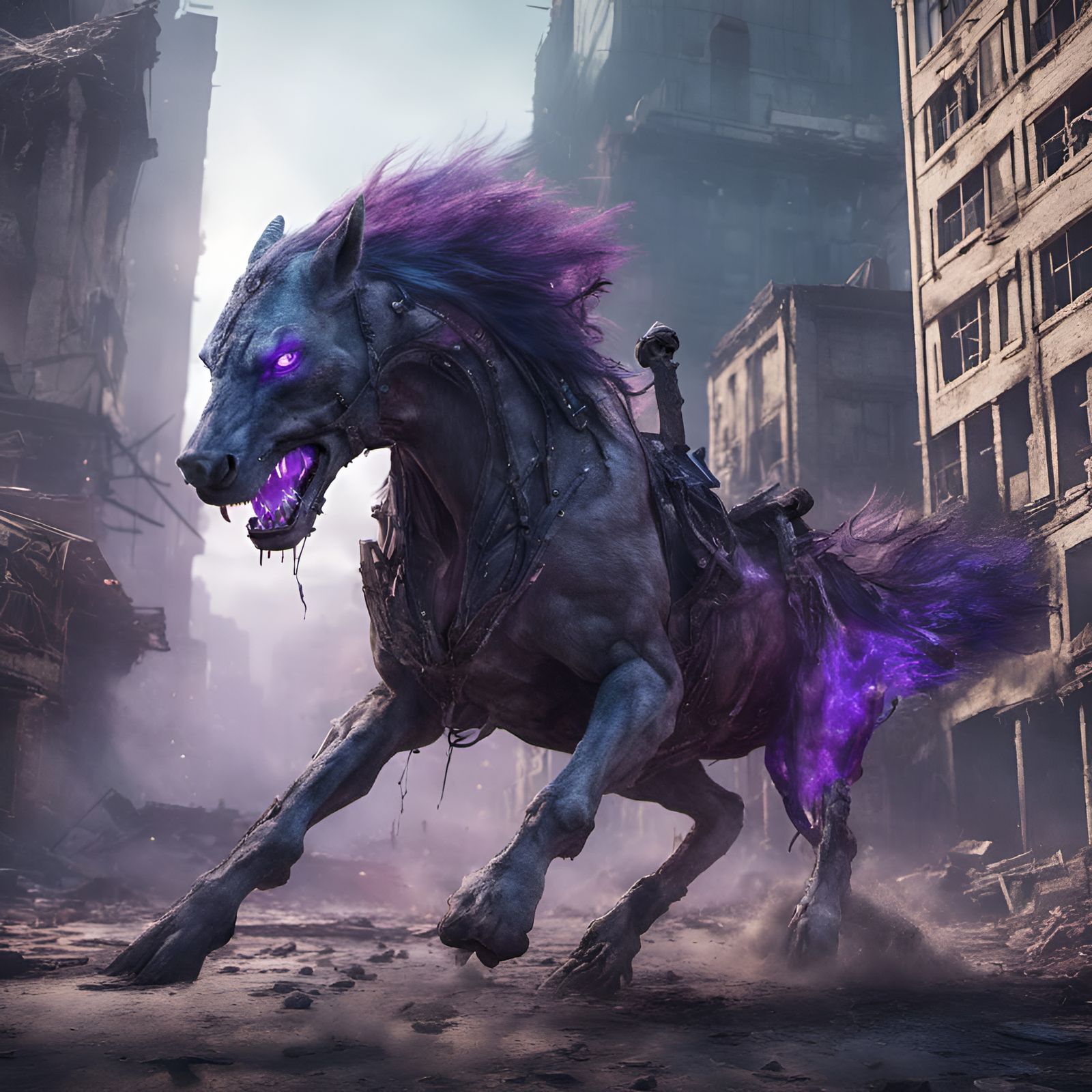 Demonic Horse-Wolf Hybrid in Apocalyptic Cityscape