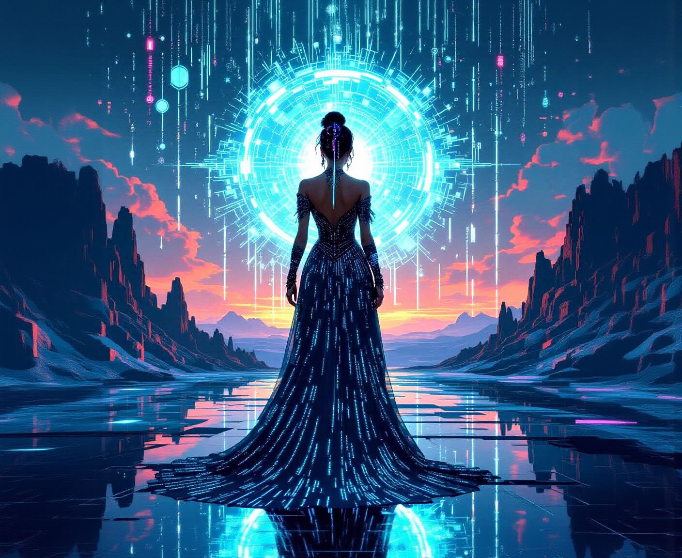 Digital Oracle in Binary Gown Before Shimmering Portal
