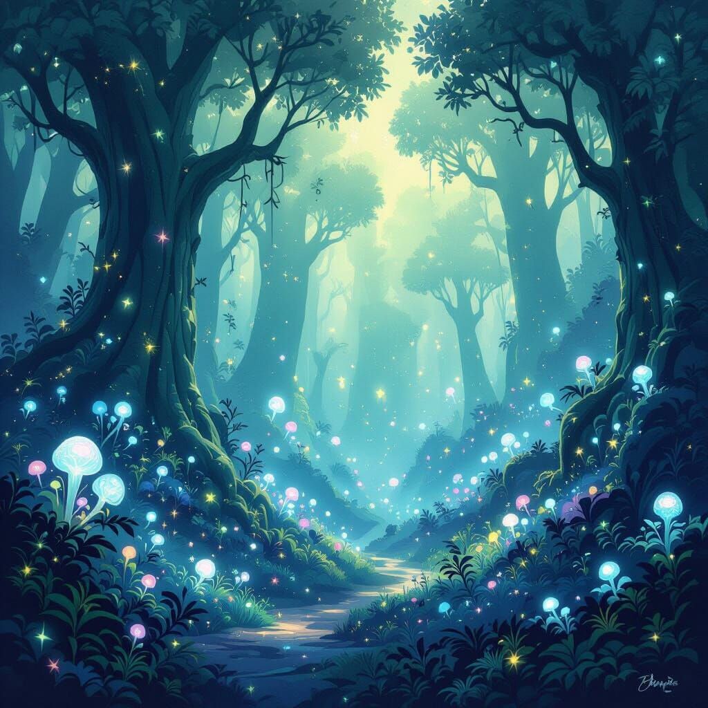 Ethereal Forest Landscape with Luminous Flora and Sprites