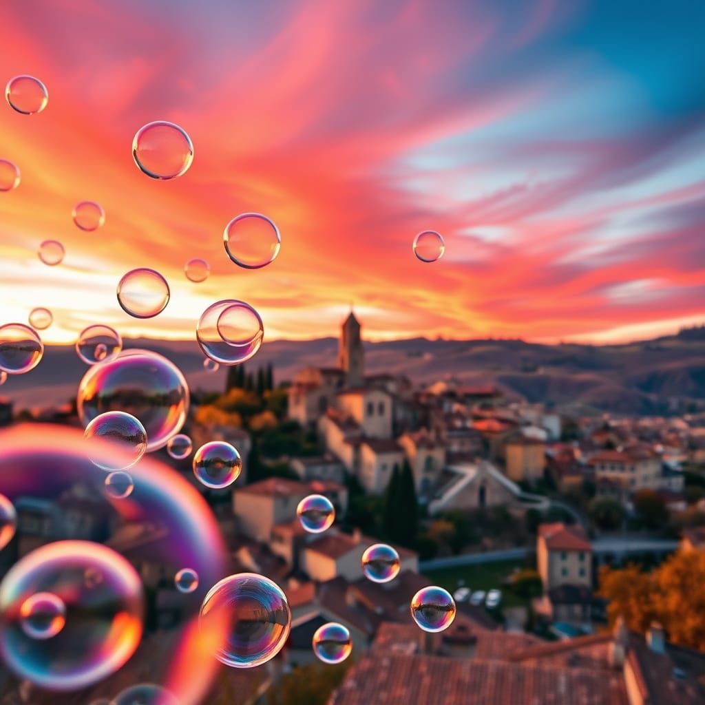 Iridescent Bubbles Reflect Italian Town at Sunset