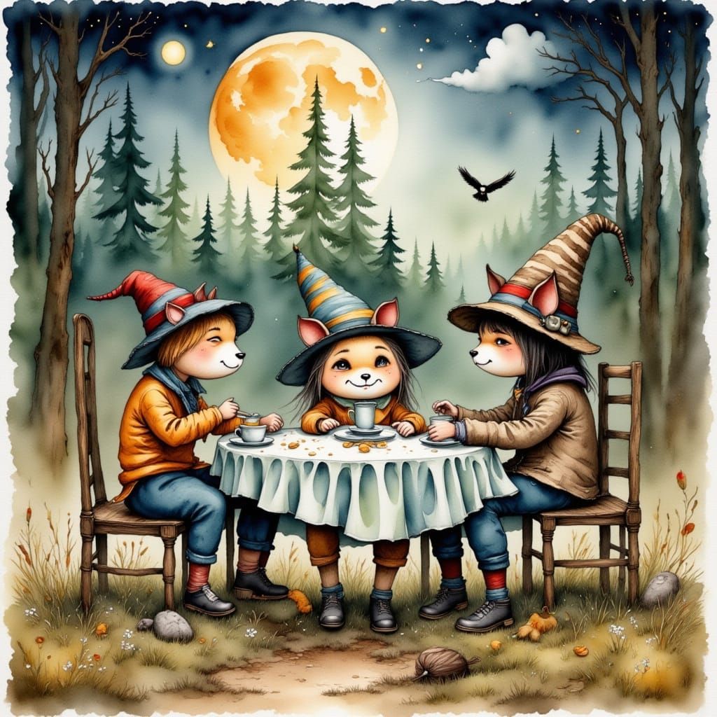 Kidcore Tea Party in Grimly-Burton Watercolor Style