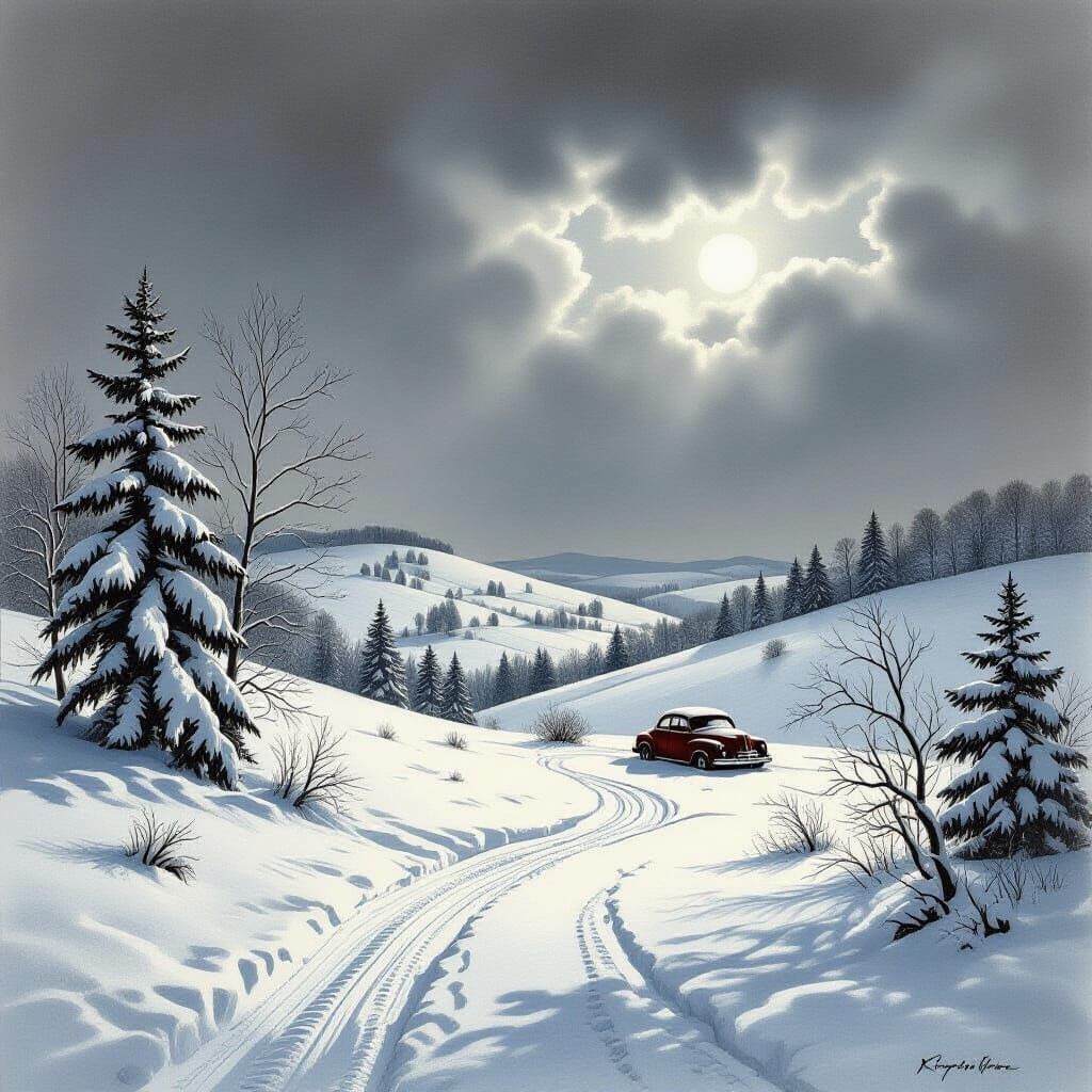 Charcoal Drawing of a Stark Winter Landscape