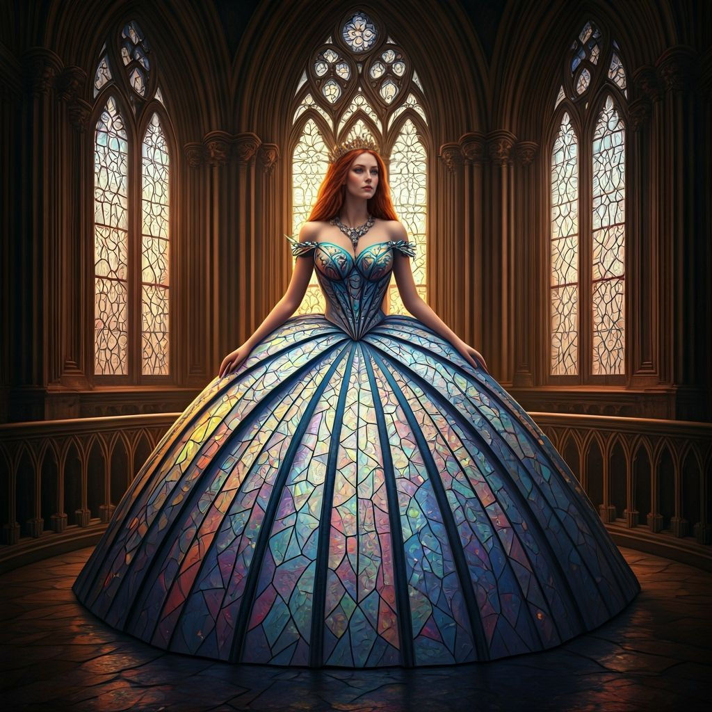 Regal Queen in Stained Glass Gown Overlooking Mystical Lands...