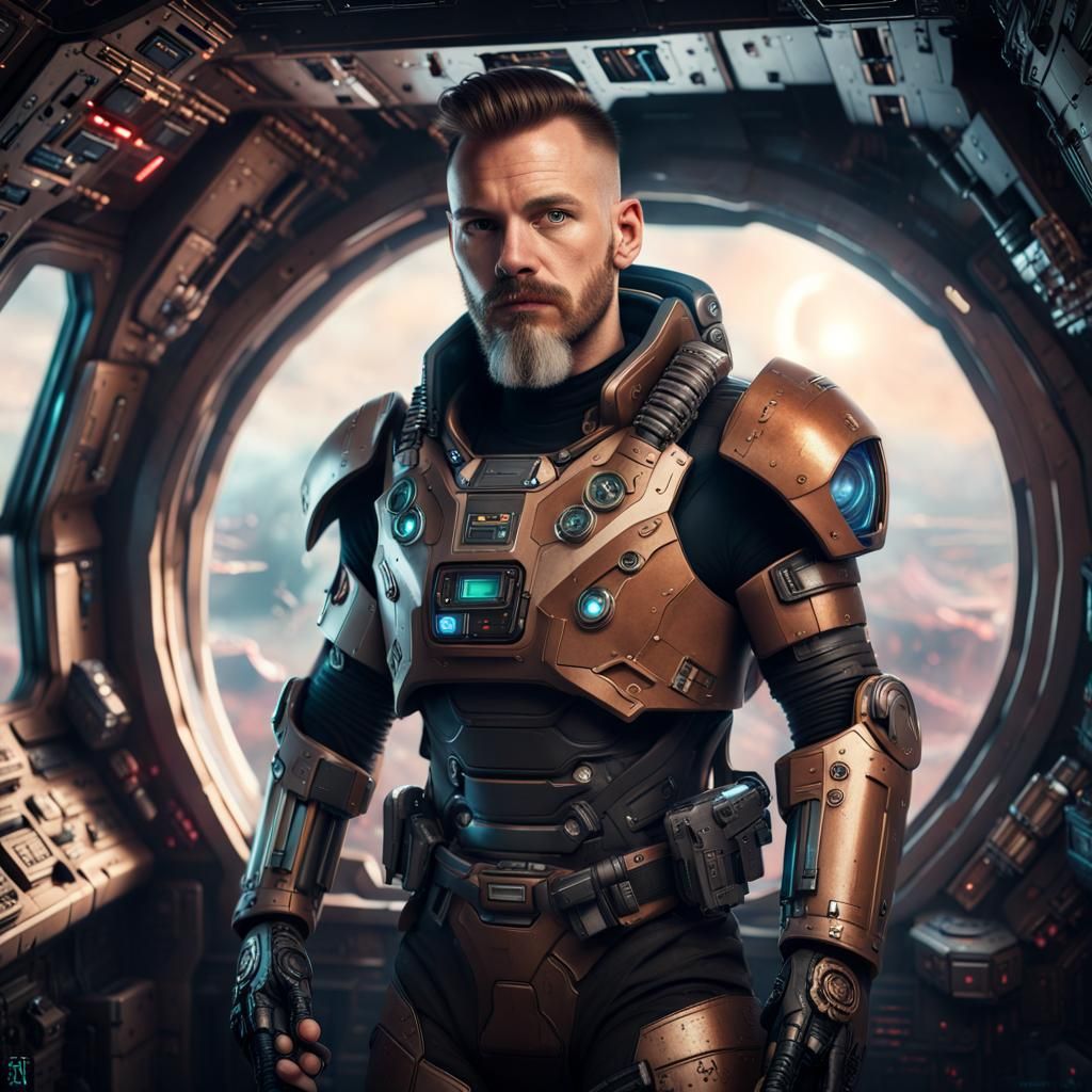 Cyberpunk Armored Man with Laser Gun in Spacecraft