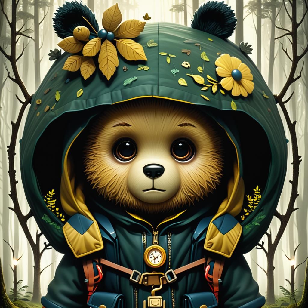 Chibi Teddy Bear Backpacker Lost in Dark Forest