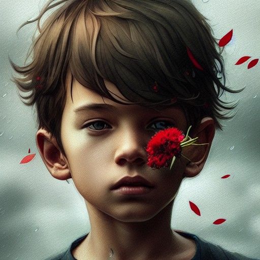 Boy with Flower on Rainy Day, Hyper-Detailed Digital Art