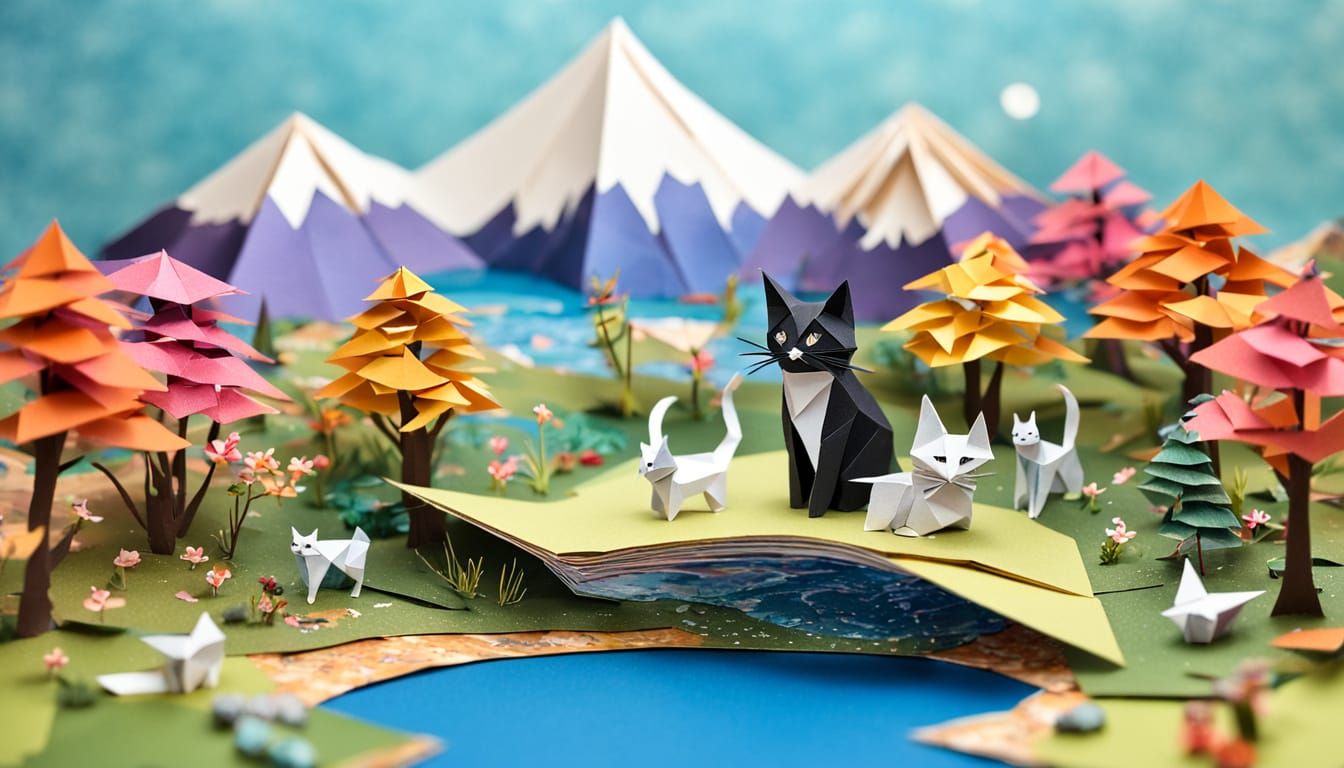 Paper Miniature World with Origami Cat at Sunset