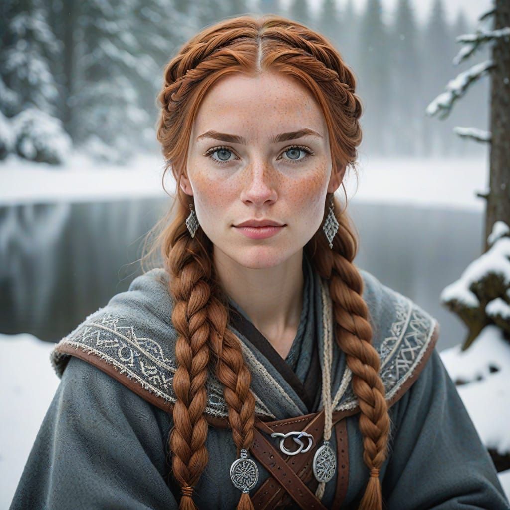 Gentle Viking Maiden in Winter Forest