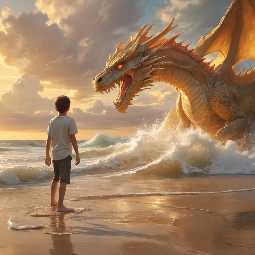 Boy and Dragon Playing on Beach in Splash Art