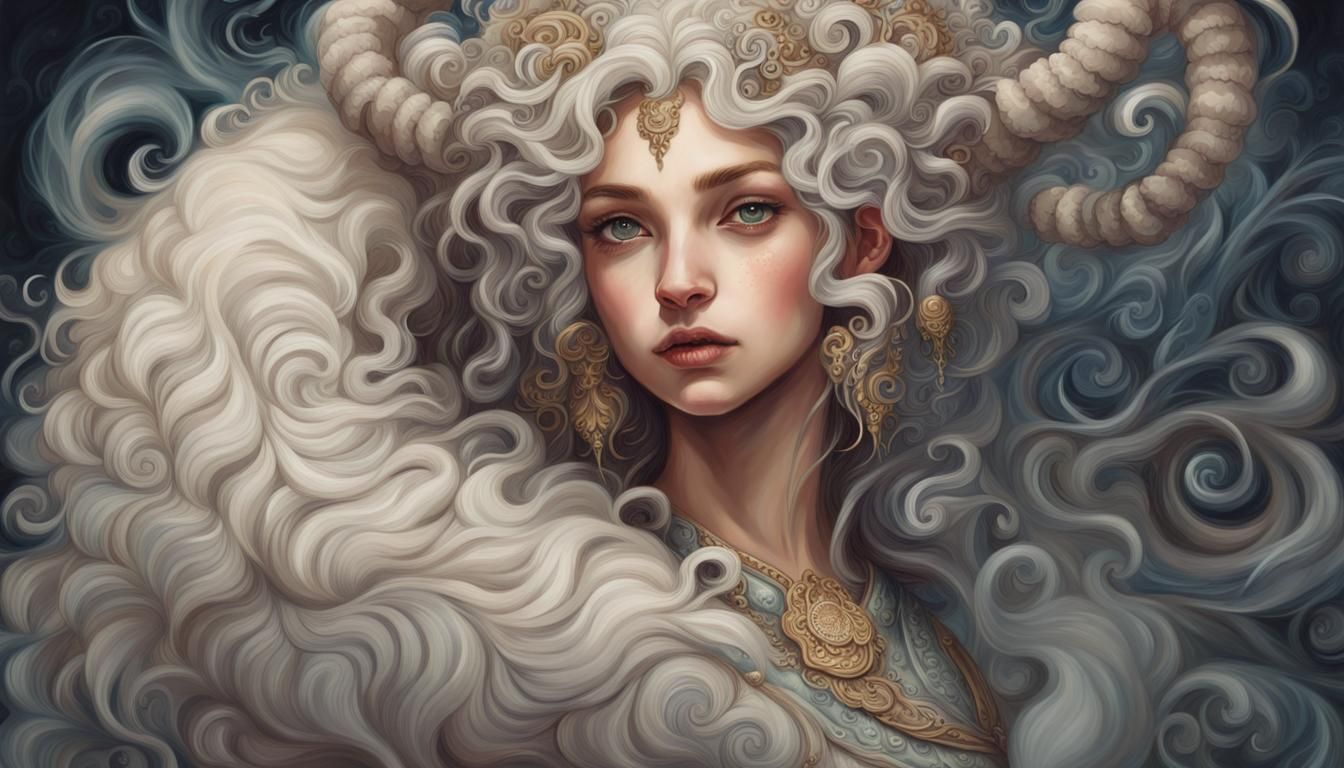 Fantasy Sheep Girl Portrait in Watercolor Style