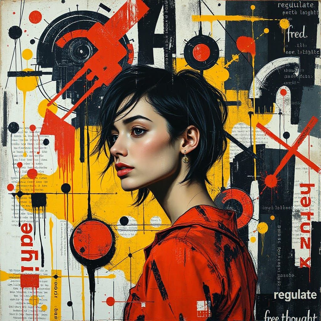 Woman Contemplates Code in Basquiat-Inspired Graffiti Art