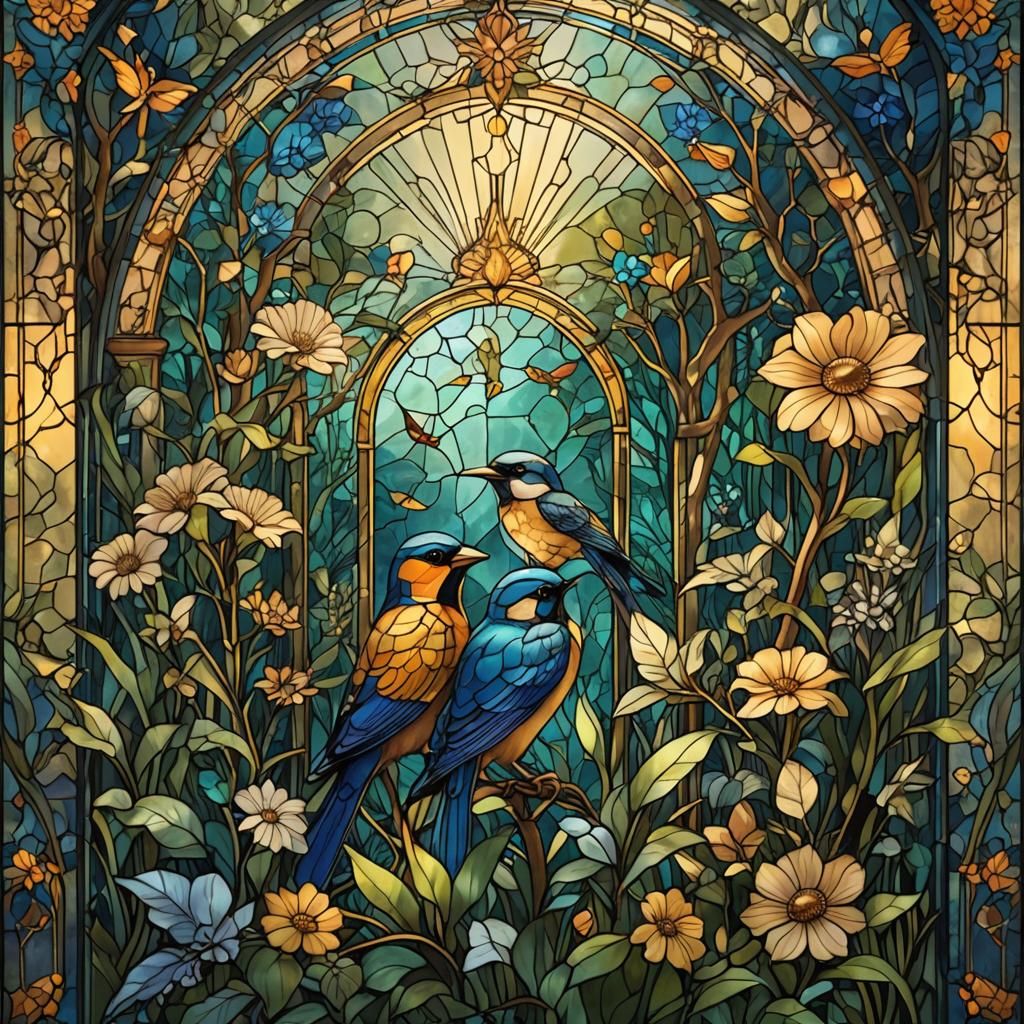 Fantasy Art Deco Stained Glass Window in Forest