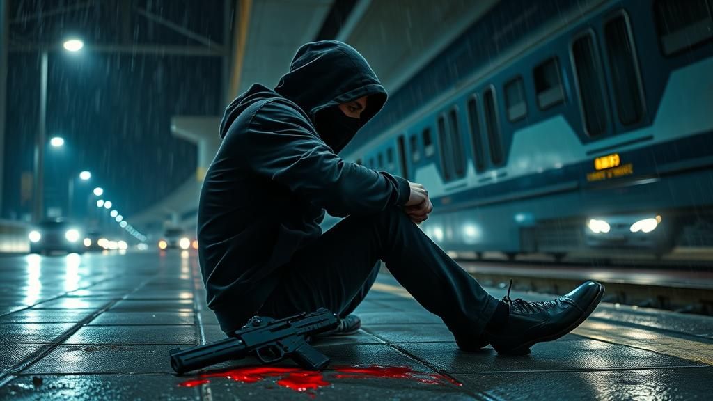 Wounded Man in Mafia Suit Under Flyover in Rain