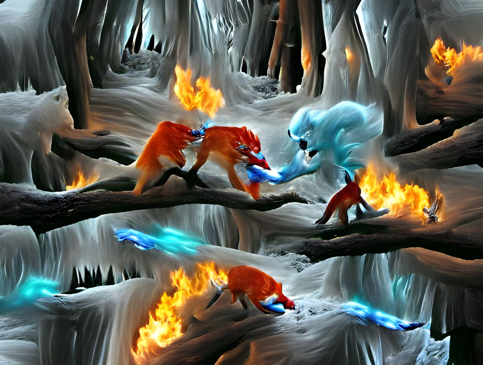 Fire Fox Versus Ice Fox in Elemental Forest