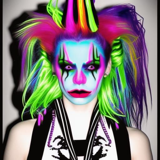 Gothic clown young lady with long neon blue hair with neon P...