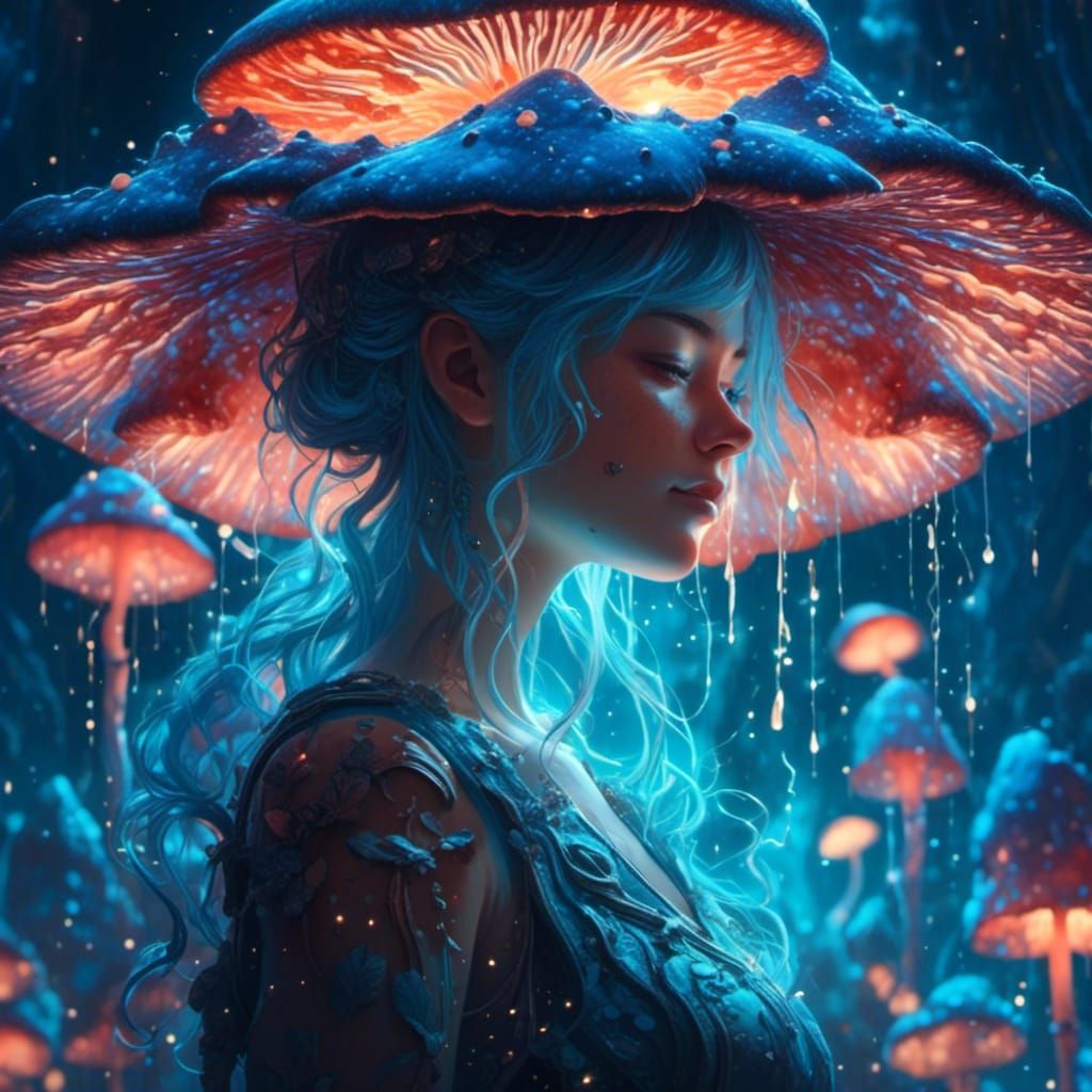 Bioluminescent Mushroom Girl in Hyperrealistic Style