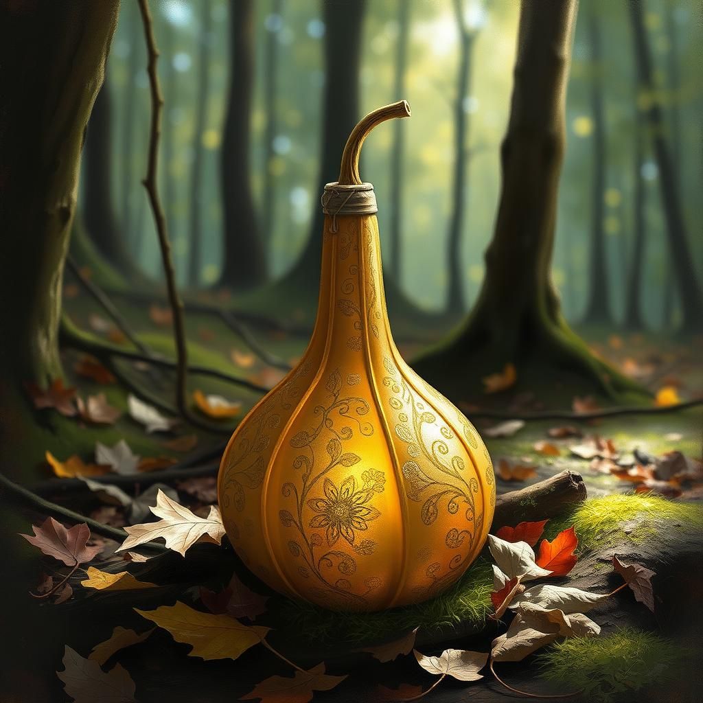 Ornate Bottle Gourd with Gold Leaf in Forest