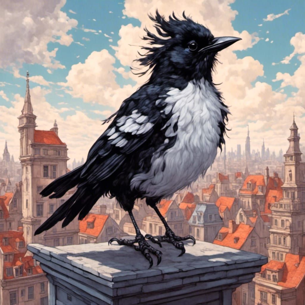 Chibi Magpie Gouache Painting on Rooftop