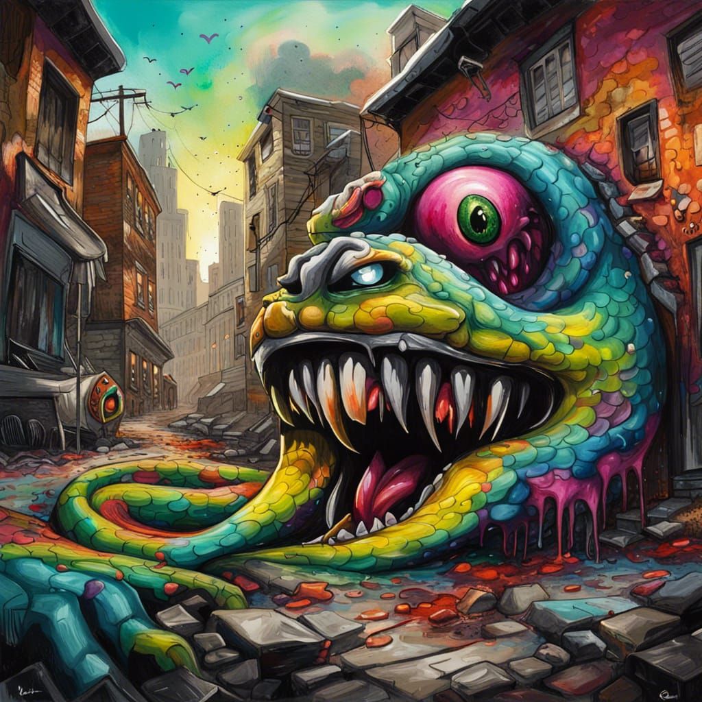 Monster with Snake Eyes in Ruined City, Graffiti Art