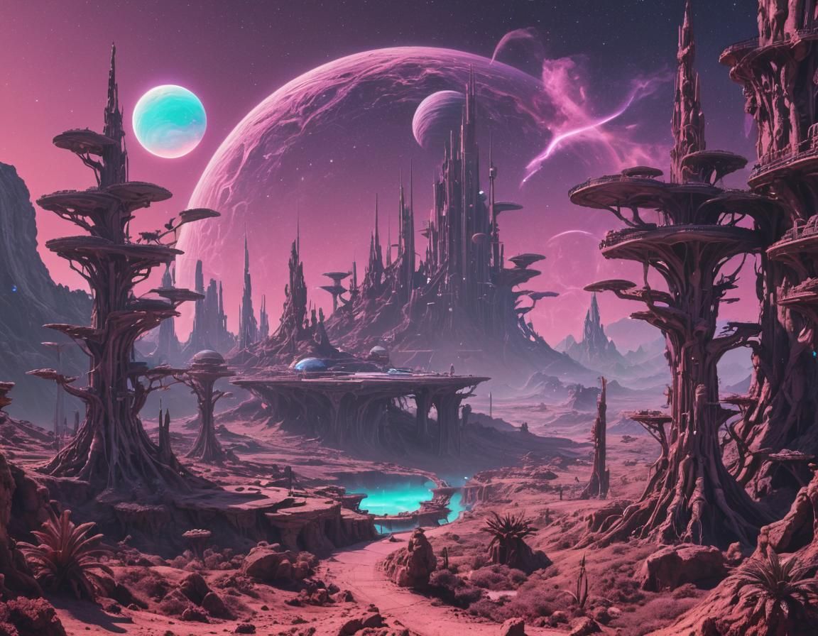 Surreal Galactic Landscape in Vaporwave Solarpunk Style