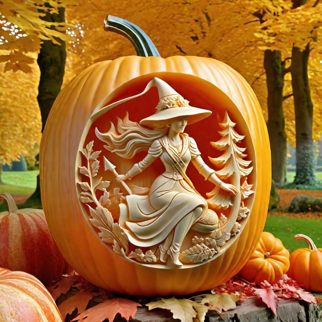 Pumpkin Witch Carving in Autumn Scene