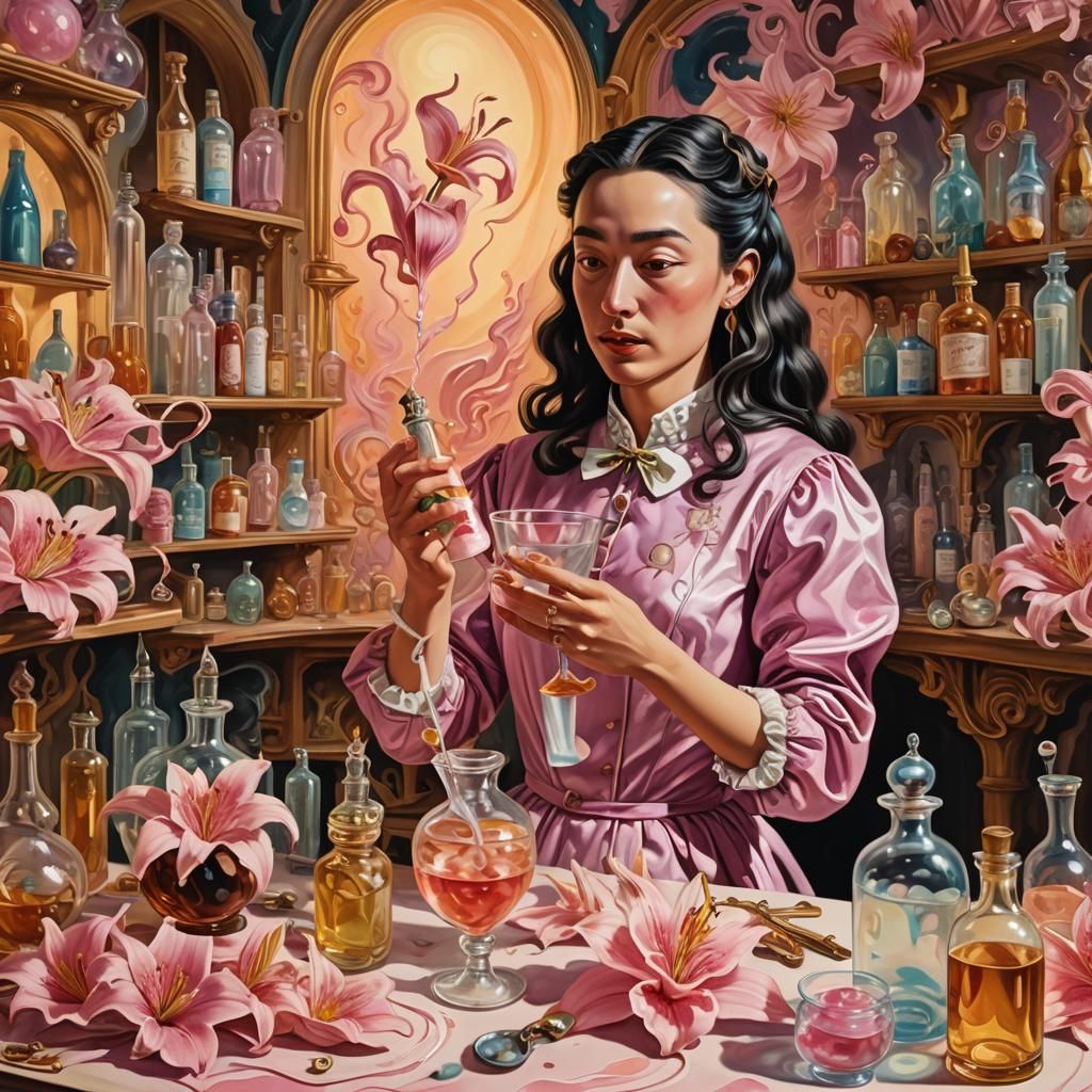 Lily the Pink in Dreamlike Apothecary, Surreal Illustration