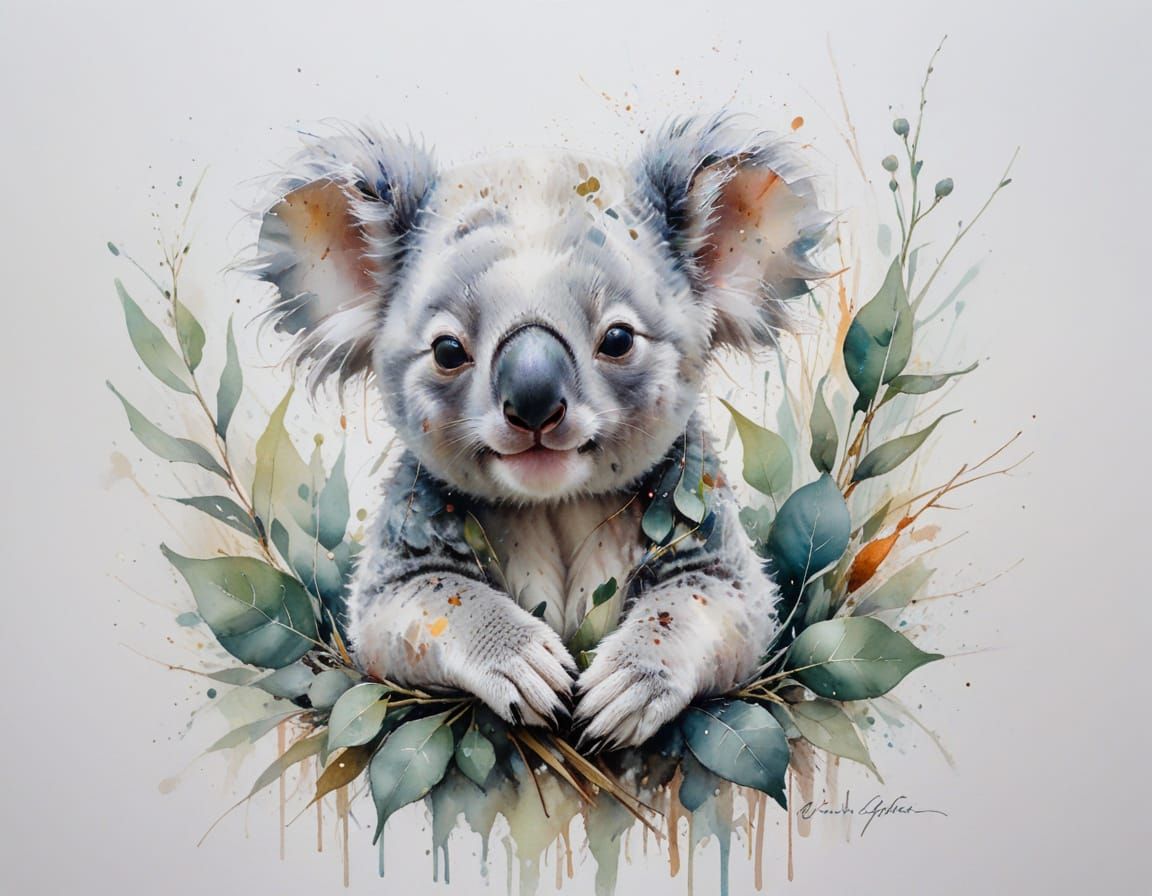 Baby Koala Sleeping in Eucalyptus Tree - Watercolour Style