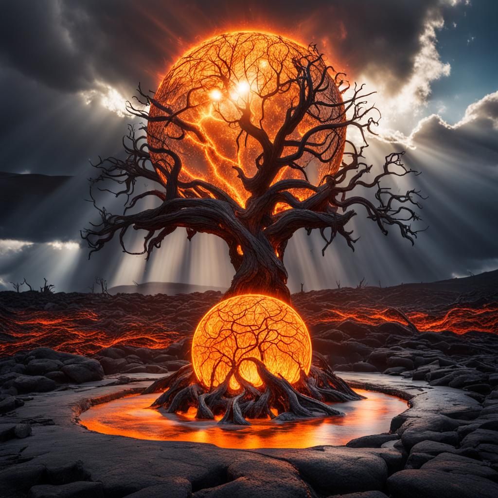 Molten Lava Tree Encircling Crystal Orb
