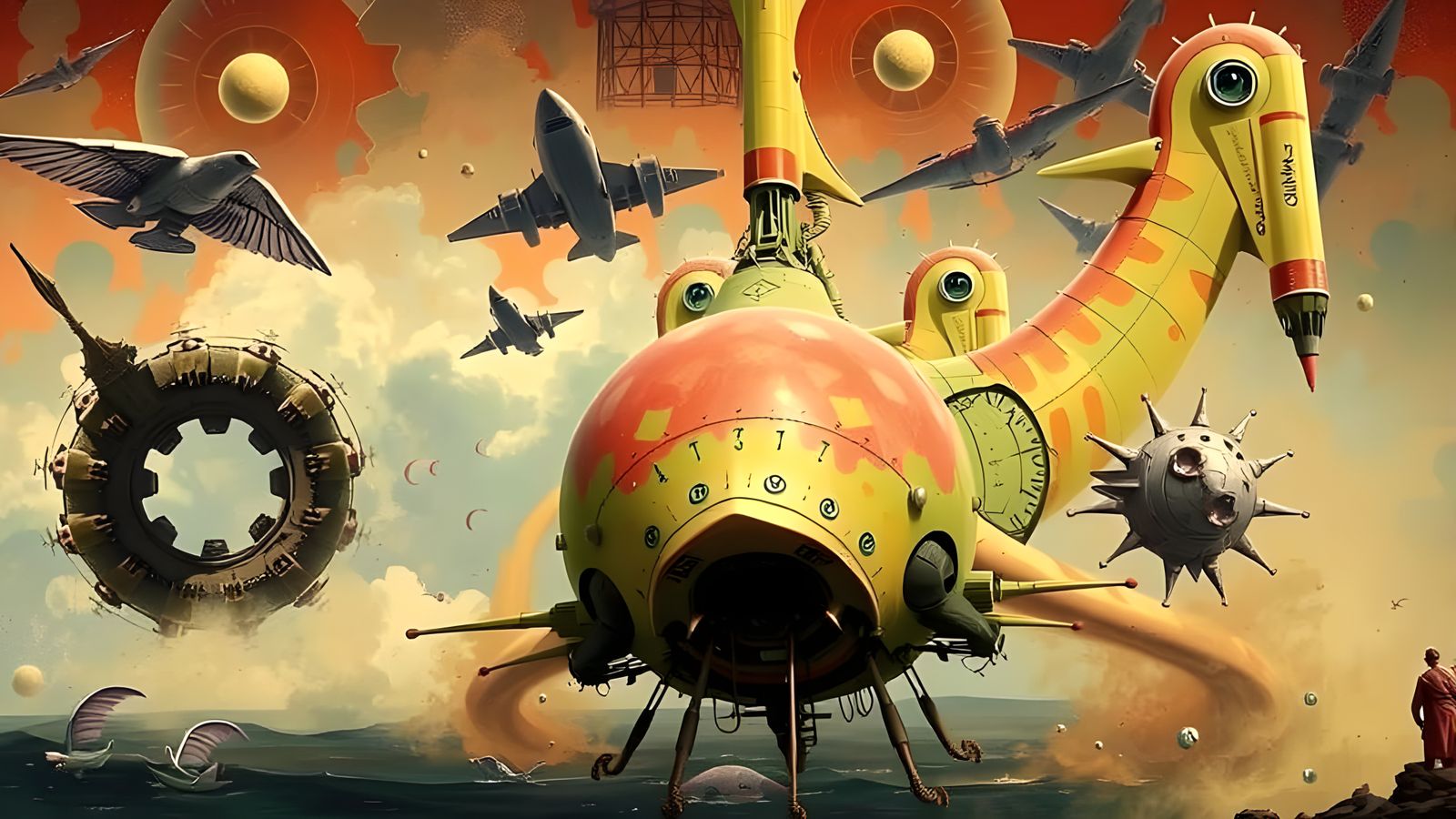 Surreal Undersea Clash: Vibrant Oil Painting Textures