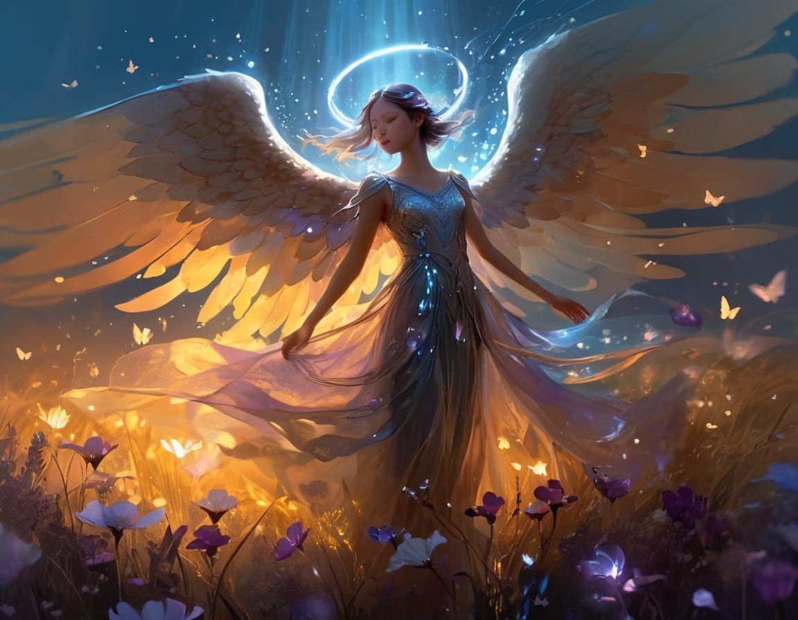 Angel Descends into Bioluminescent Garden