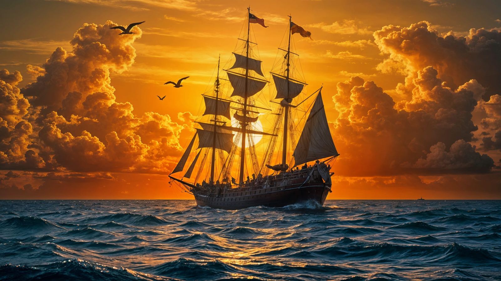 Majestic Sailing Ship at Sunset in Photorealistic Style