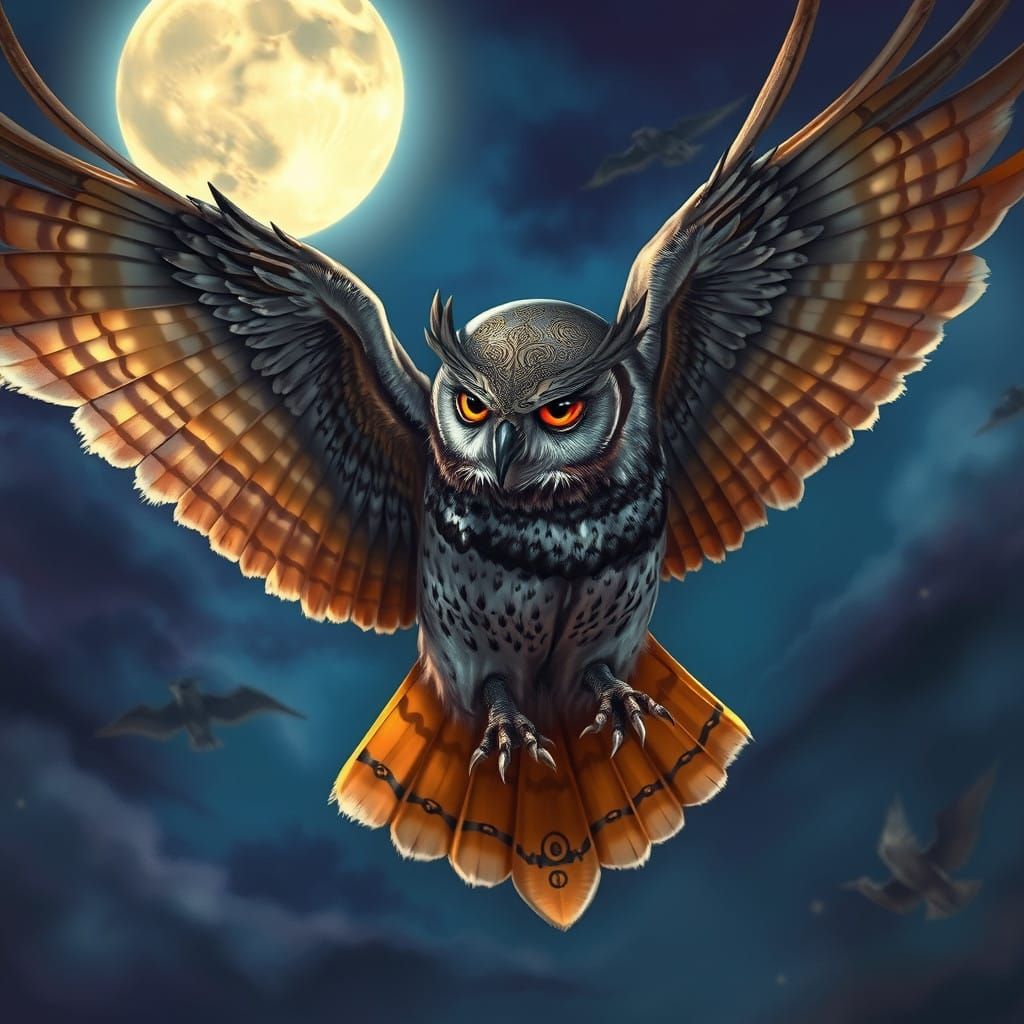 Mystical Owl Soars Through Moonlit Skies in Cyberpunk Armor