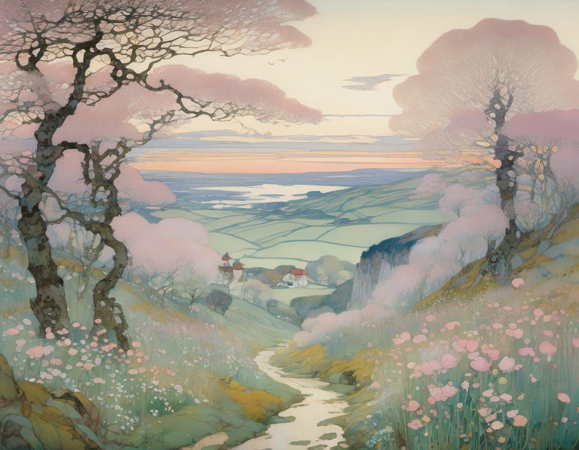 Dreamlike Spring Scene with Pink Sunset