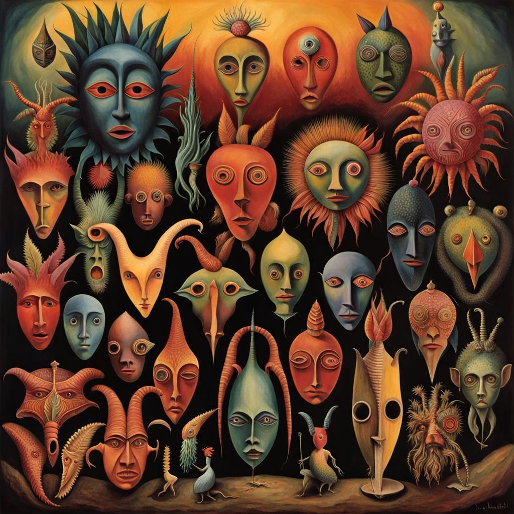 Surreal Dreamscape with Tribal Masks in Organicpunk Style