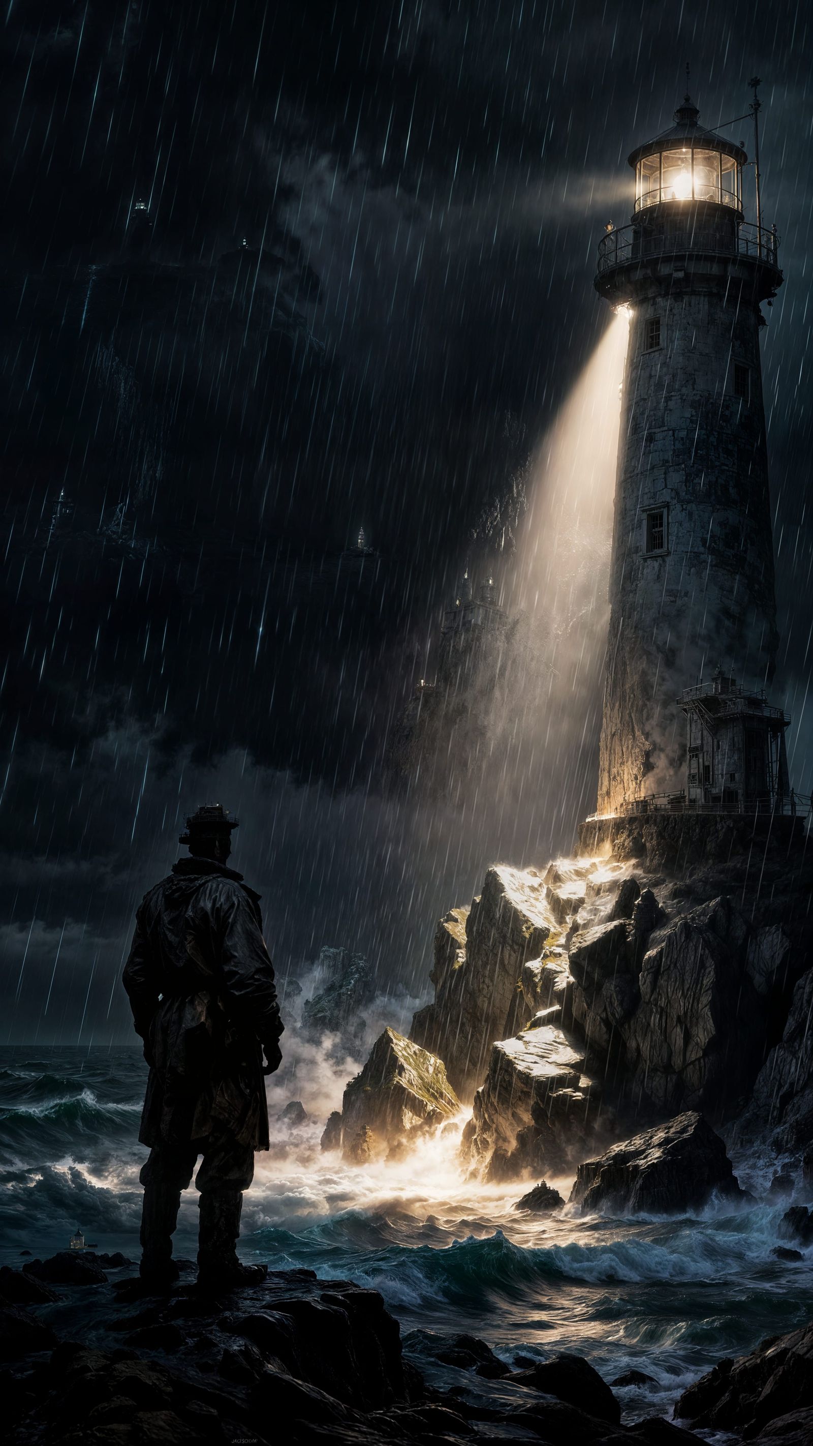 Stoic Lighthouse Keeper in Stormy Seas