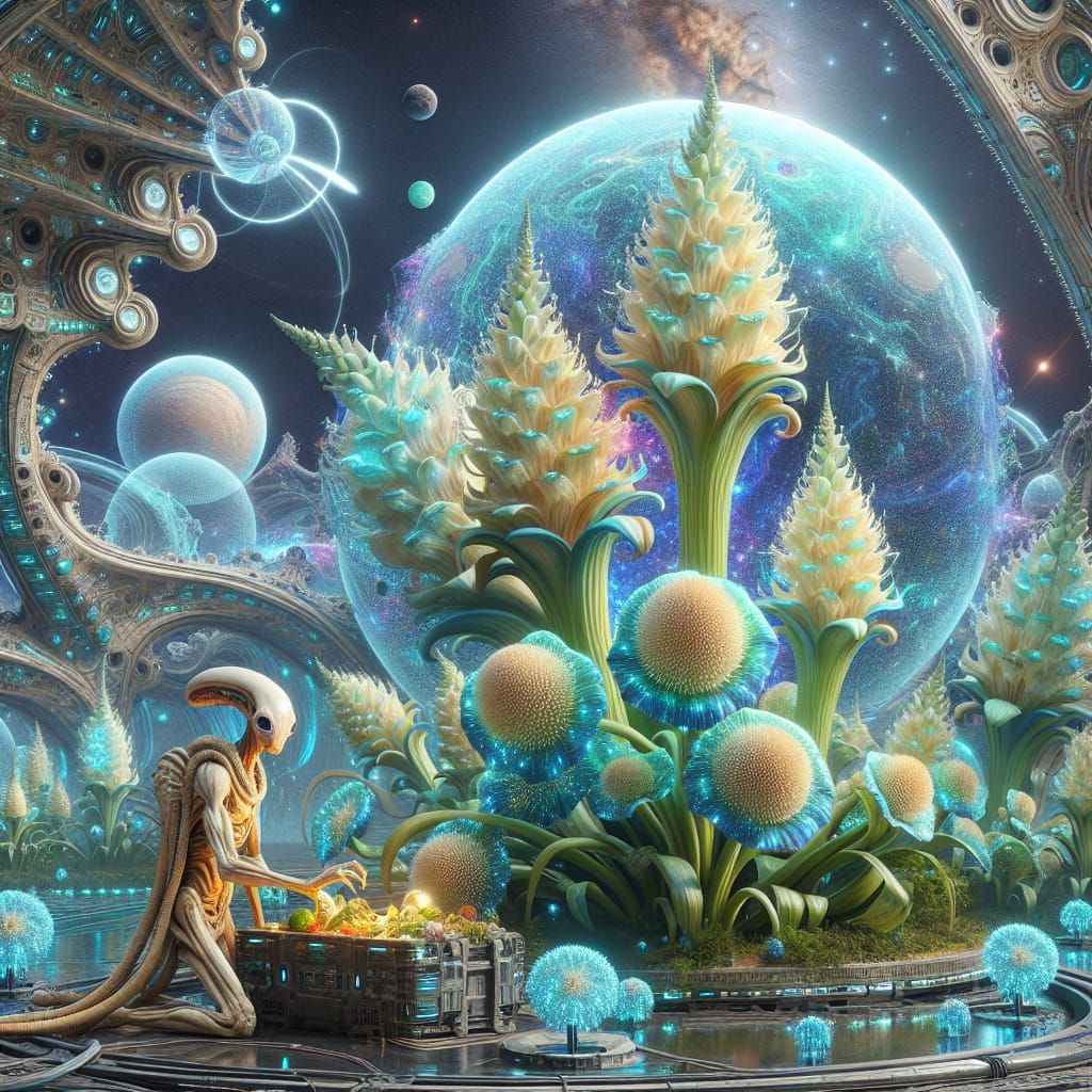 Alien Gardener in Bioluminescent Spaceship Greenhouse
