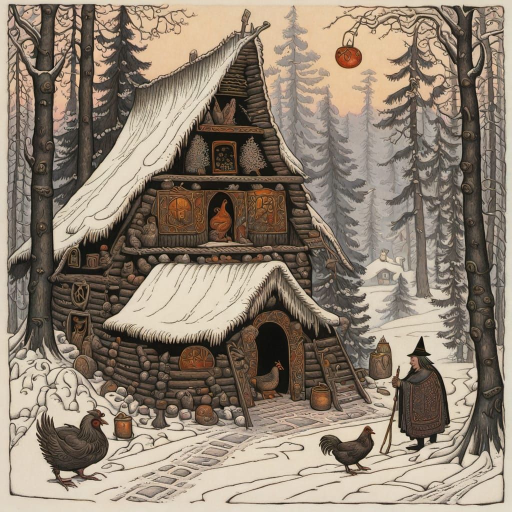Baba Yaga's Winter Hut in Folk Art Style