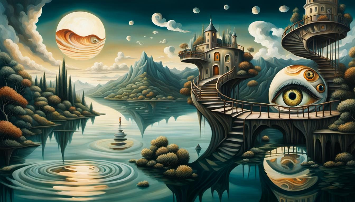 Surreal Eye over Lake as Oil Painting