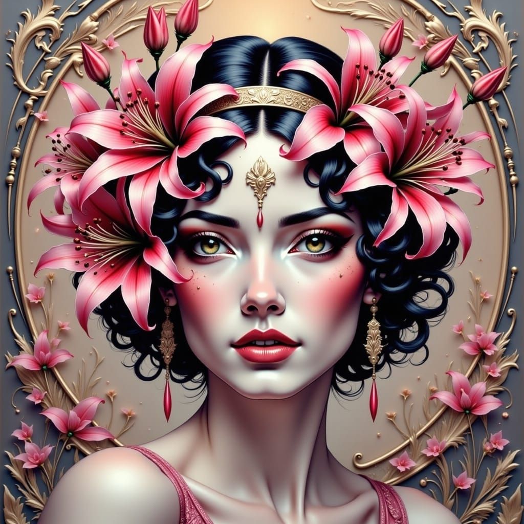 1920s Woman with Lily Headband in Surreal Style
